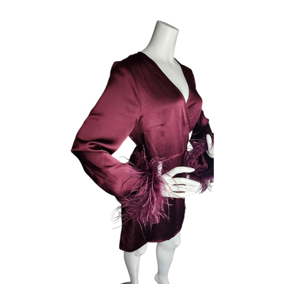 NWT Glamorous Burgundy Satin Feather Trim Wrap Mini Dress Size Large - Picture 2 of 7
